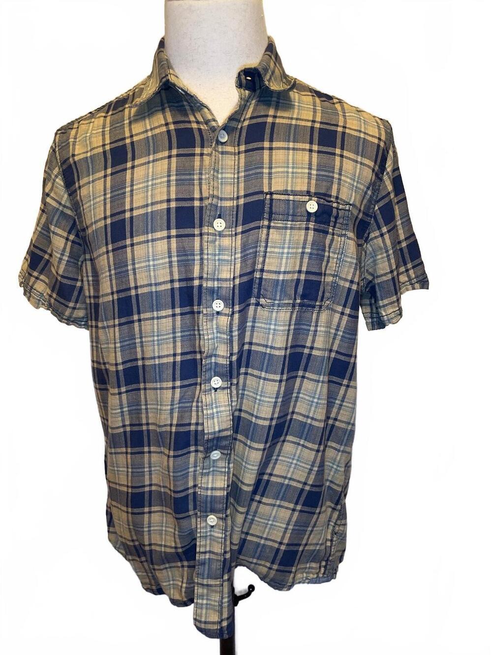 Grayers Navy Tan Plaid Soft Cotton Short Sleeve Shirt Mens M Heritage Casual